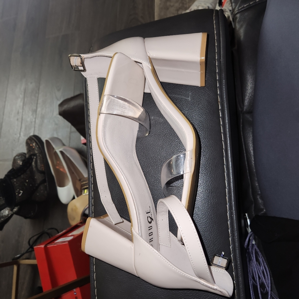 Nude Square Toe Ankle Strap Block Heel Clear Strap Sandals